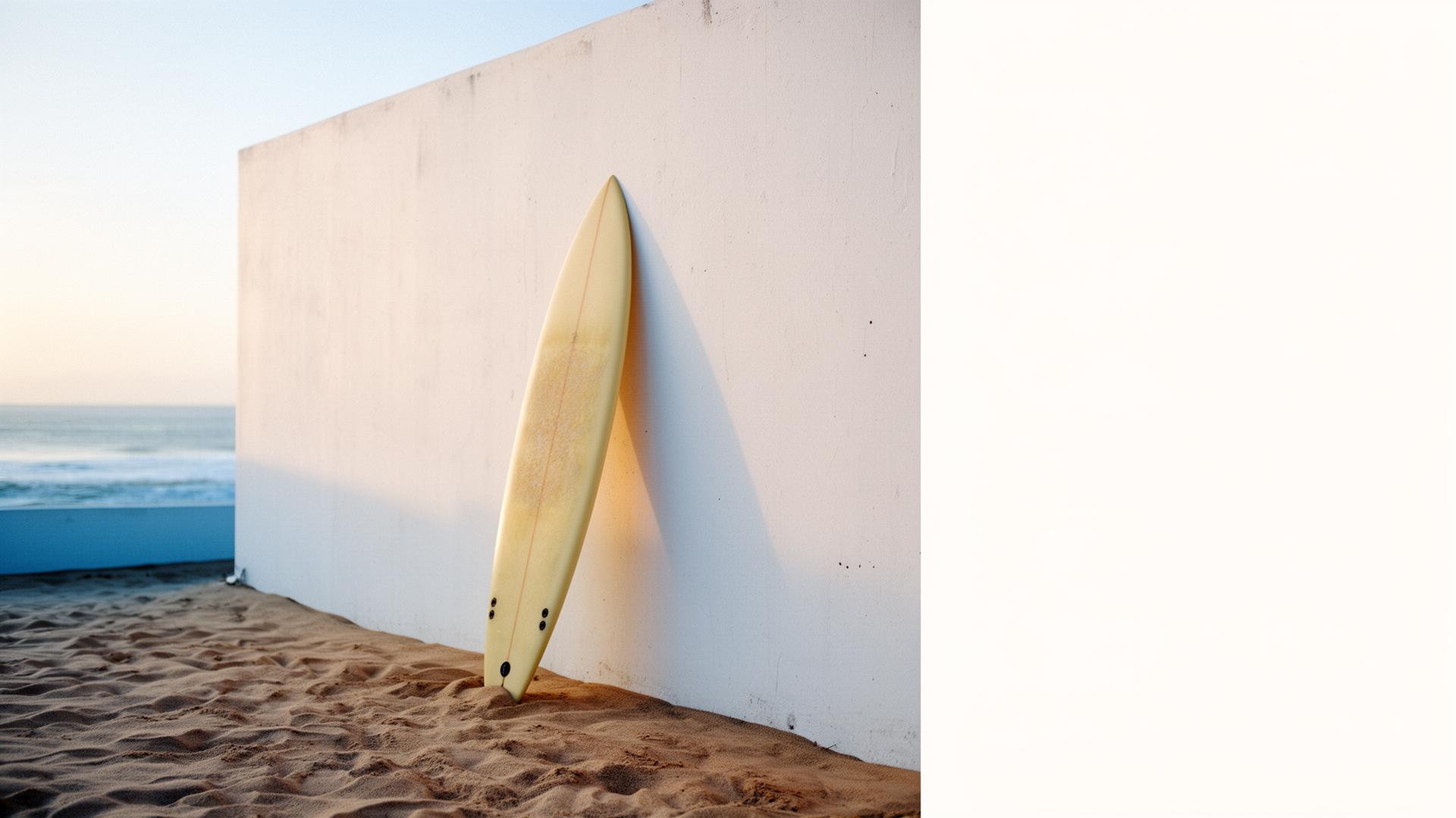 Prancha de surf encostada em parede branca em Florianópolis